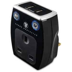 SURGE ADAPTOR WITH 2 X USB (3.1A)  GLOSS BLACK